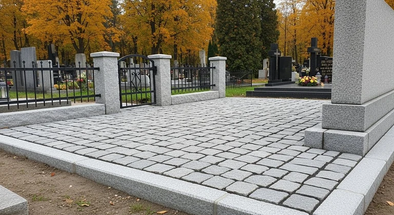 Благоустройство захоронений в Новосибирске — мощение гранитной плиткой, цоколь и ограда на ухоженном участке