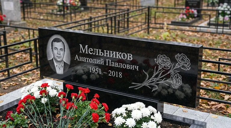 Памятник с гравировкой гвоздик — выполненная работа «Мельников» в Новосибирске