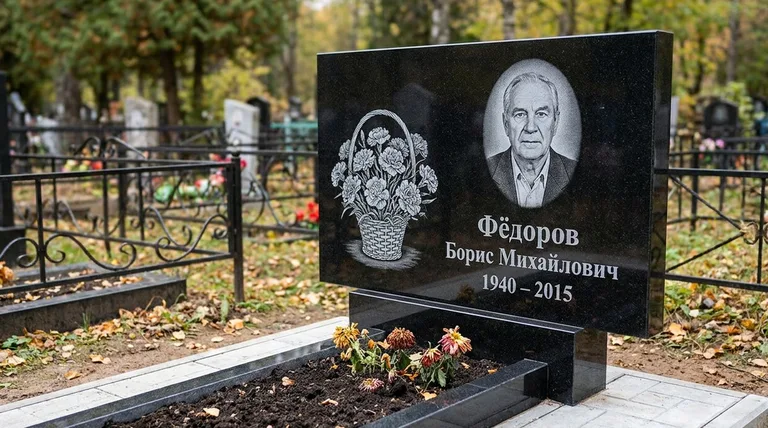 Памятник с гравировкой гвоздик — выполненная работа «Фёдоров» в Новосибирске