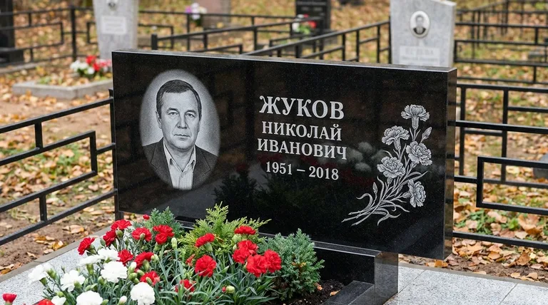 Памятник с гравировкой гвоздик — выполненная работа «Жуков» в Новосибирске