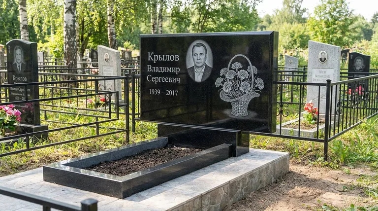 Памятник с гравировкой гвоздик — выполненная работа «Крылов» в Новосибирске
