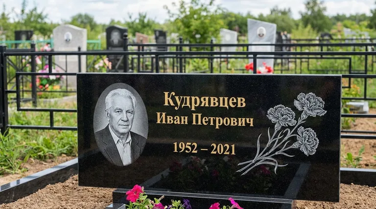 Памятник с гравировкой гвоздик — выполненная работа «Кудрявцев» в Новосибирске