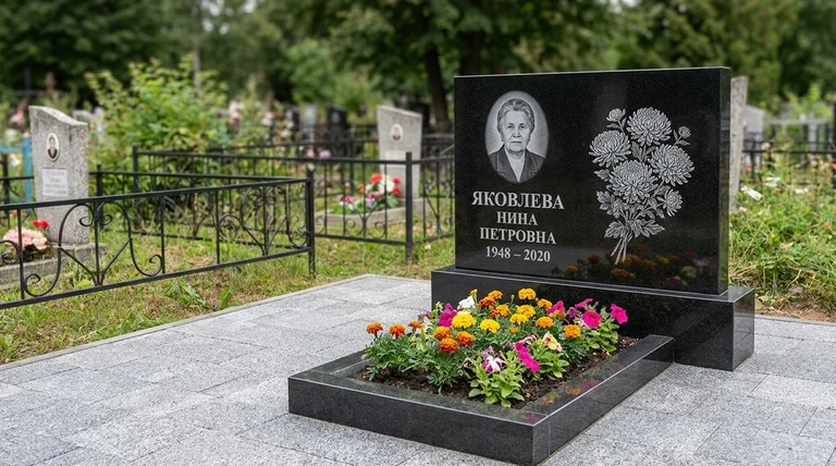 Гравировка хризантем на памятник в Новосибирске — пример работы на граните