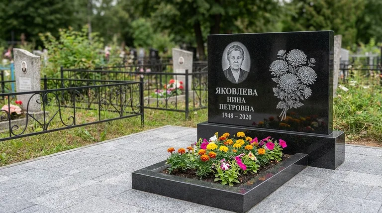 Памятник с гравировкой хризантем — выполненная работа «Соколов» в Новосибирске