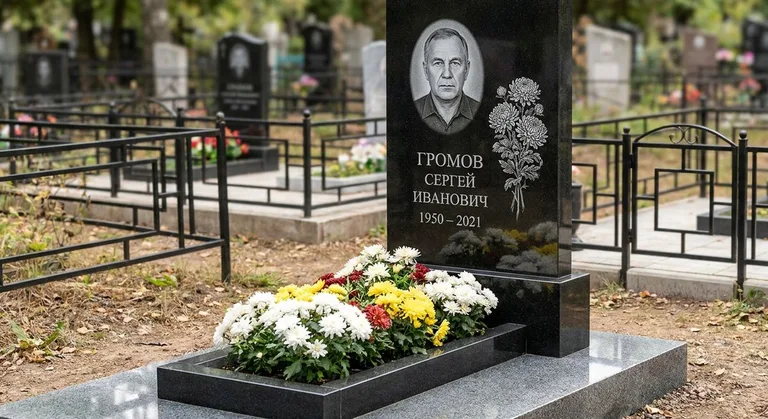 Памятник с гравировкой хризантем — выполненная работа «Громов» в Новосибирске