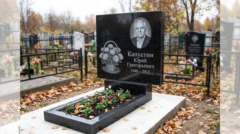 Памятник с гравировкой хризантем — выполненная работа «Капустин» в Новосибирске