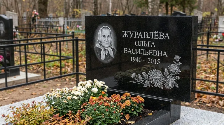 Памятник с гравировкой хризантем — выполненная работа «Журавлёва» в Новосибирске