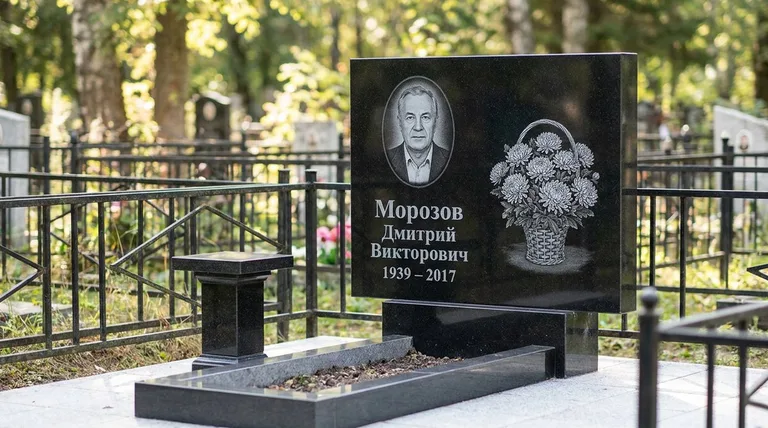 Памятник с гравировкой хризантем — выполненная работа «Морозов» в Новосибирске
