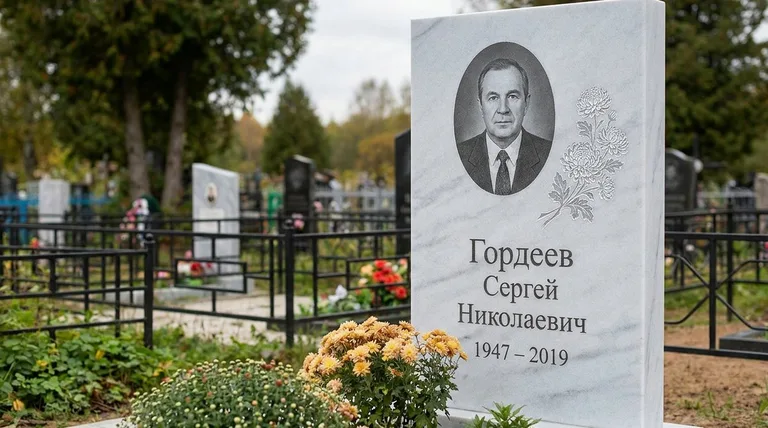 Памятник с гравировкой хризантем — выполненная работа «Гордеев» в Новосибирске