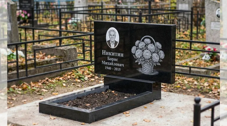 Памятник с гравировкой хризантем — выполненная работа «Никитин» в Новосибирске