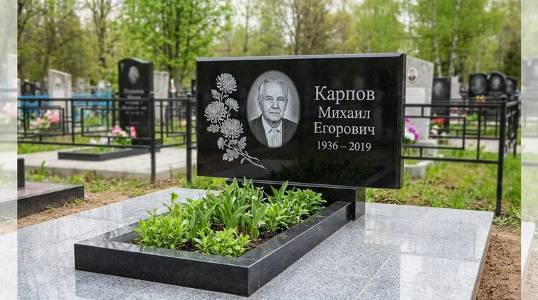 Памятник с гравировкой хризантем — выполненная работа «Карпов» в Новосибирске