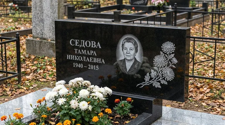 Памятник с гравировкой хризантем — выполненная работа «Седова» в Новосибирске