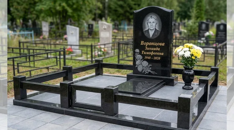 Памятник с гравировкой хризантем — выполненная работа «Воронцова» в Новосибирске