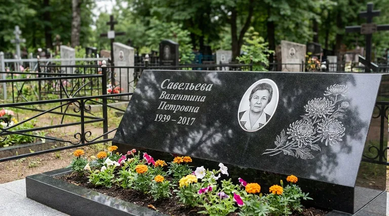 Памятник с гравировкой хризантем — выполненная работа «Савельева» в Новосибирске