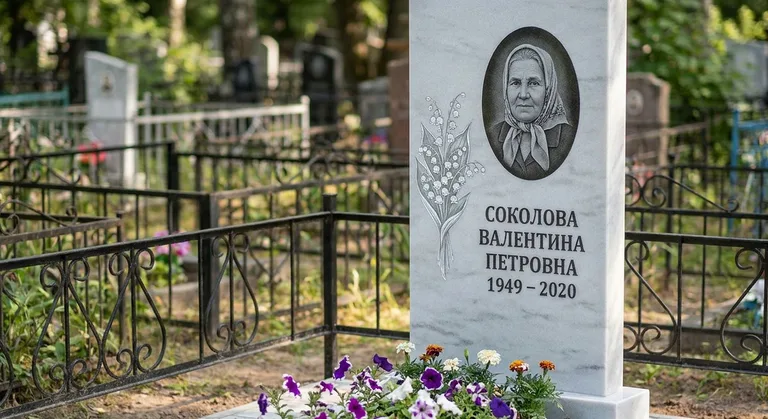 Памятник с гравировкой ландышей — выполненная работа «Соколова» в Новосибирске