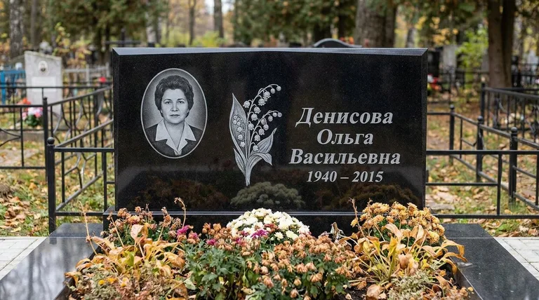 Памятник с гравировкой ландышей — выполненная работа «Денисова» в Новосибирске