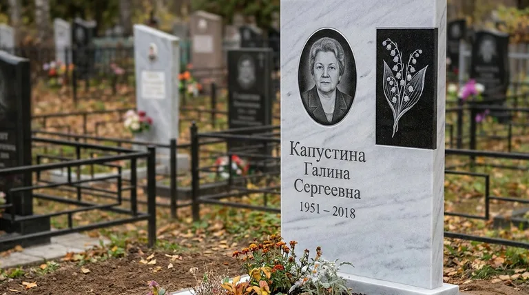Памятник с гравировкой ландышей — выполненная работа «Капустина» в Новосибирске