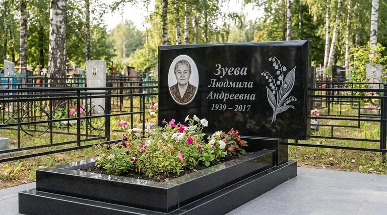Памятник с гравировкой ландышей — выполненная работа «Зуева» в Новосибирске