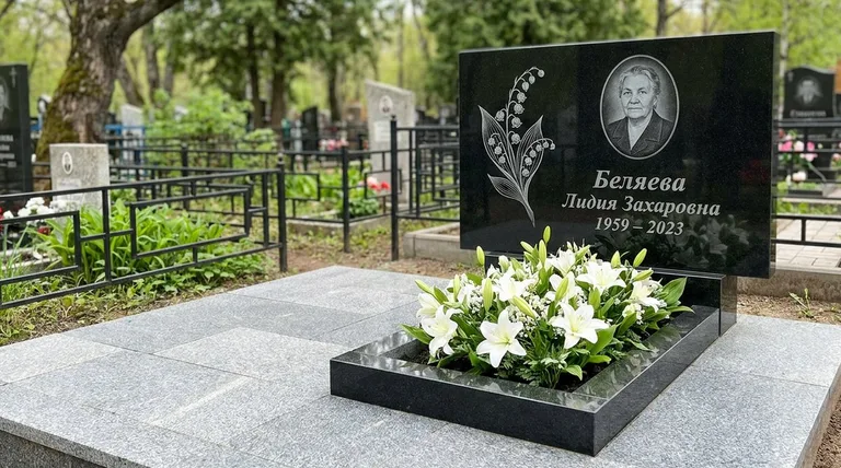 Памятник с гравировкой ландышей — выполненная работа «Беляева» в Новосибирске
