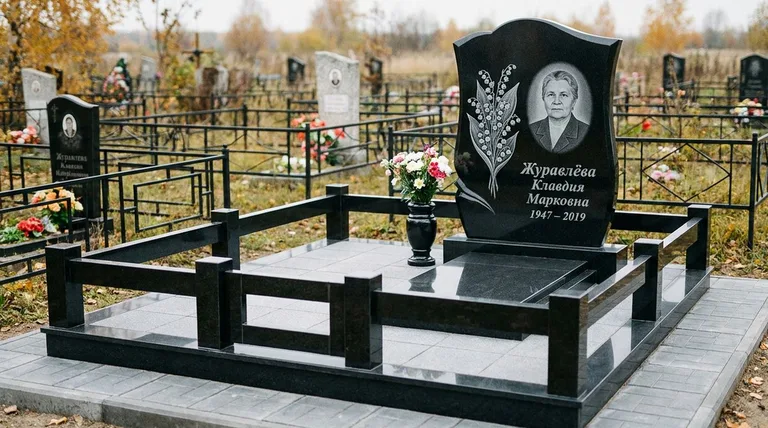 Памятник с гравировкой ландышей — выполненная работа «Журавлёва» в Новосибирске