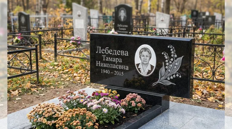 Памятник с гравировкой ландышей — выполненная работа «Лебедева» в Новосибирске