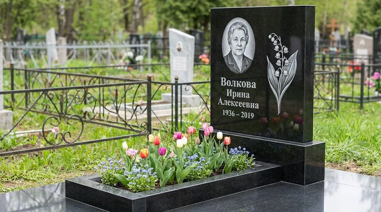 Памятник с гравировкой ландышей — выполненная работа «Волкова» в Новосибирске