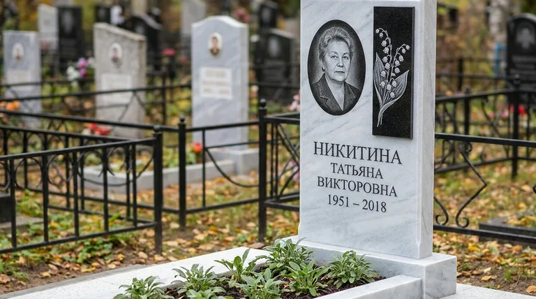 Памятник с гравировкой ландышей — выполненная работа «Никитина» в Новосибирске