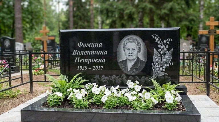 Памятник с гравировкой ландышей — выполненная работа «Фомина» в Новосибирске