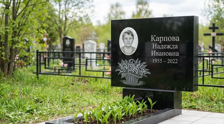 Памятник с гравировкой ландышей — выполненная работа «Карпова» в Новосибирске