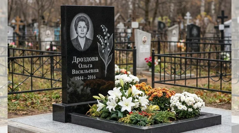 Памятник с гравировкой ландышей — выполненная работа «Дроздова» в Новосибирске