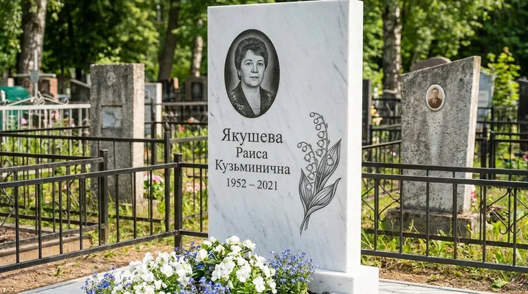 Памятник с гравировкой ландышей — выполненная работа «Якушева» в Новосибирске