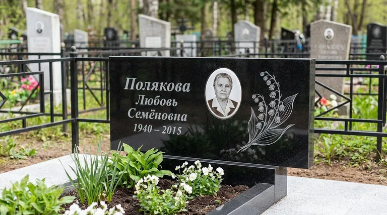 Памятник с гравировкой ландышей — выполненная работа «Полякова» в Новосибирске