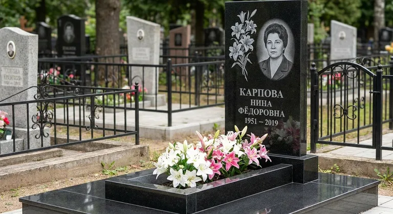 Памятник с гравировкой лилий — выполненная работа «Карпова» в Новосибирске