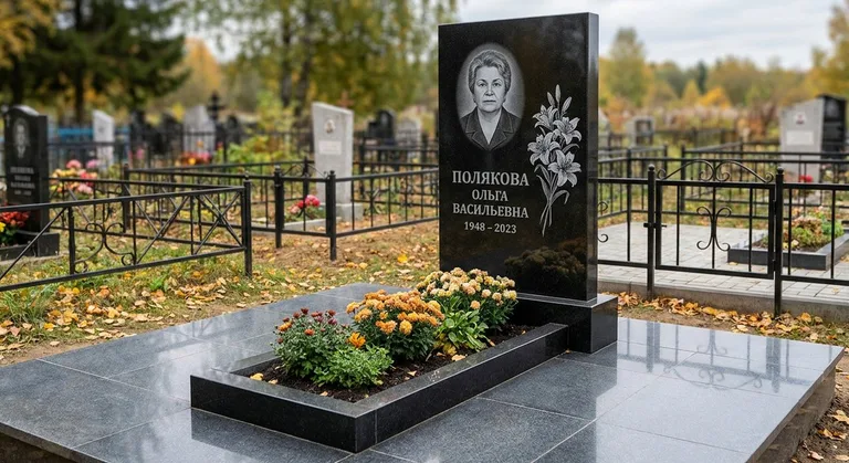 Памятник с гравировкой лилий — выполненная работа «Полякова» в Новосибирске