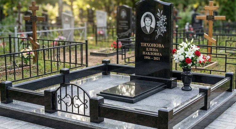 Памятник с гравировкой лилий — выполненная работа «Тихонова» в Новосибирске