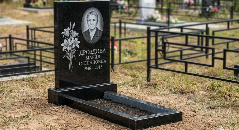 Памятник с гравировкой лилий — выполненная работа «Дроздова» в Новосибирске