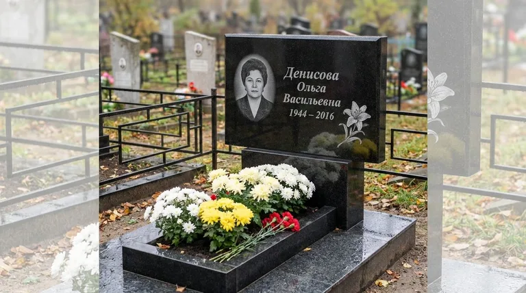 Памятник с гравировкой лилий — выполненная работа «Денисова» в Новосибирске