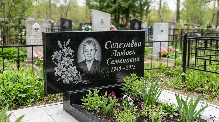 Памятник с гравировкой лилий — выполненная работа «Селезнёва» в Новосибирске