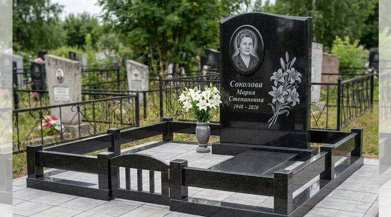 Памятник с гравировкой лилий — выполненная работа «Соколова» в Новосибирске
