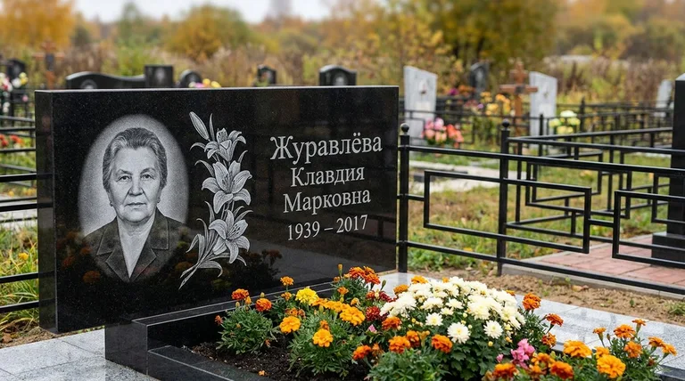 Памятник с гравировкой лилий — выполненная работа «Журавлёва» в Новосибирске