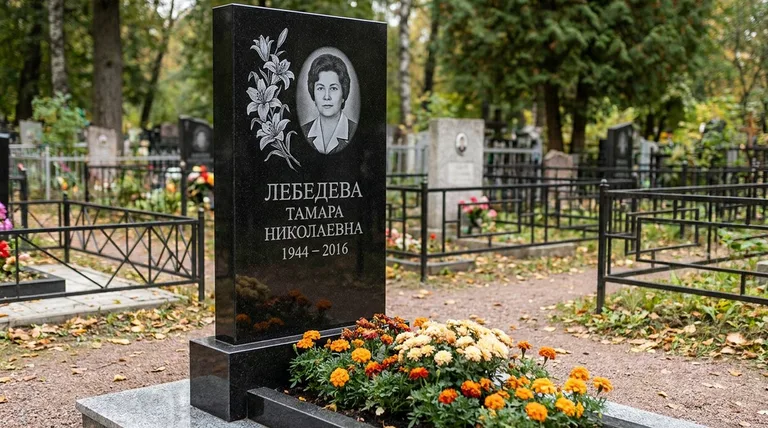 Памятник с гравировкой лилий — выполненная работа «Лебедева» в Новосибирске