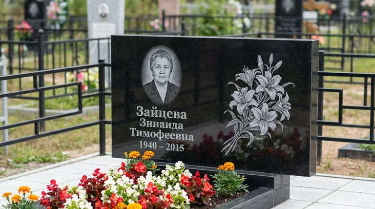 Памятник с гравировкой лилий — выполненная работа «Зайцева» в Новосибирске