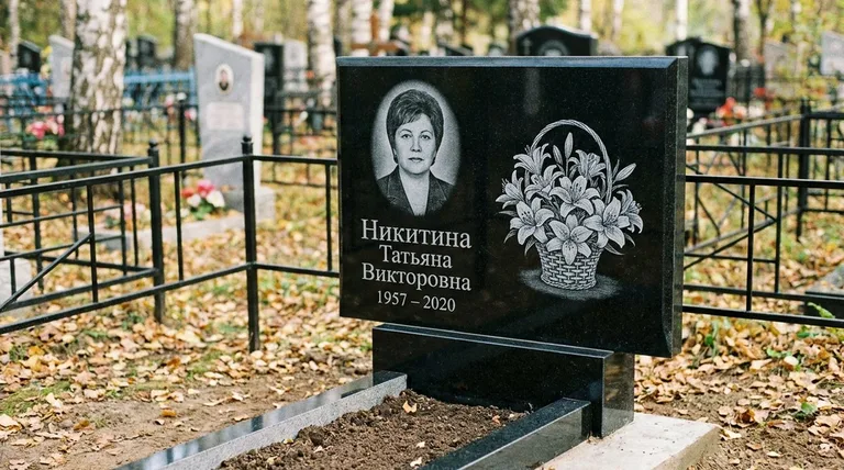 Памятник с гравировкой лилий — выполненная работа «Никитина» в Новосибирске