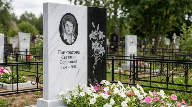 Памятник с гравировкой лилий — выполненная работа «Панкратова» в Новосибирске