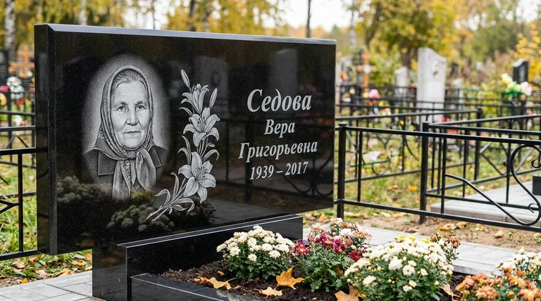 Памятник с гравировкой лилий — выполненная работа «Седова» в Новосибирске