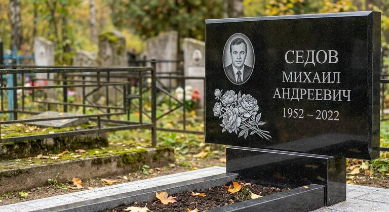 Памятник с гравировкой пионов — выполненная работа «Седов» в Новосибирске