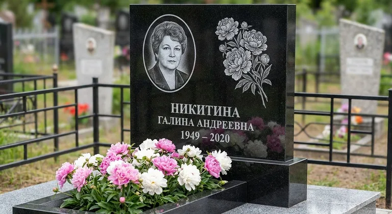 Памятник с гравировкой пионов — выполненная работа «Никитина» в Новосибирске