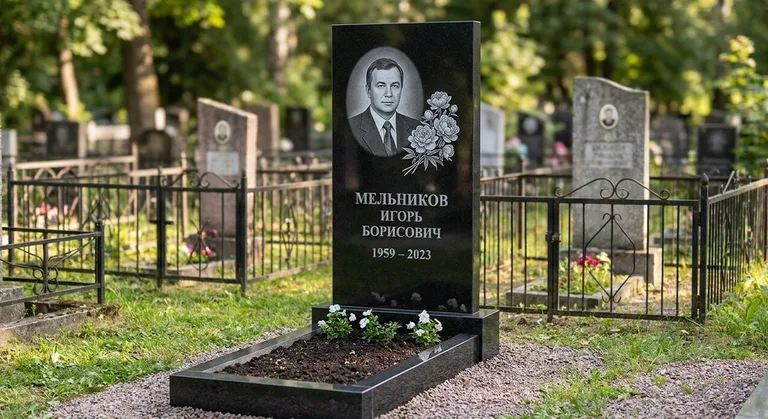 Памятник с гравировкой пионов — выполненная работа «Мельников» в Новосибирске