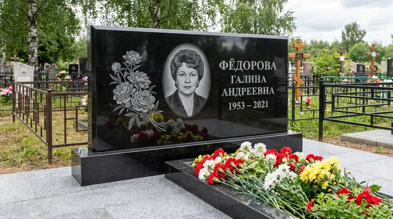 Памятник с гравировкой пионов — выполненная работа «Фёдорова» в Новосибирске