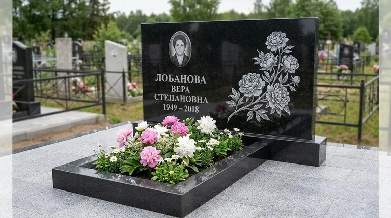 Памятник с гравировкой пионов — выполненная работа «Лобанова» в Новосибирске